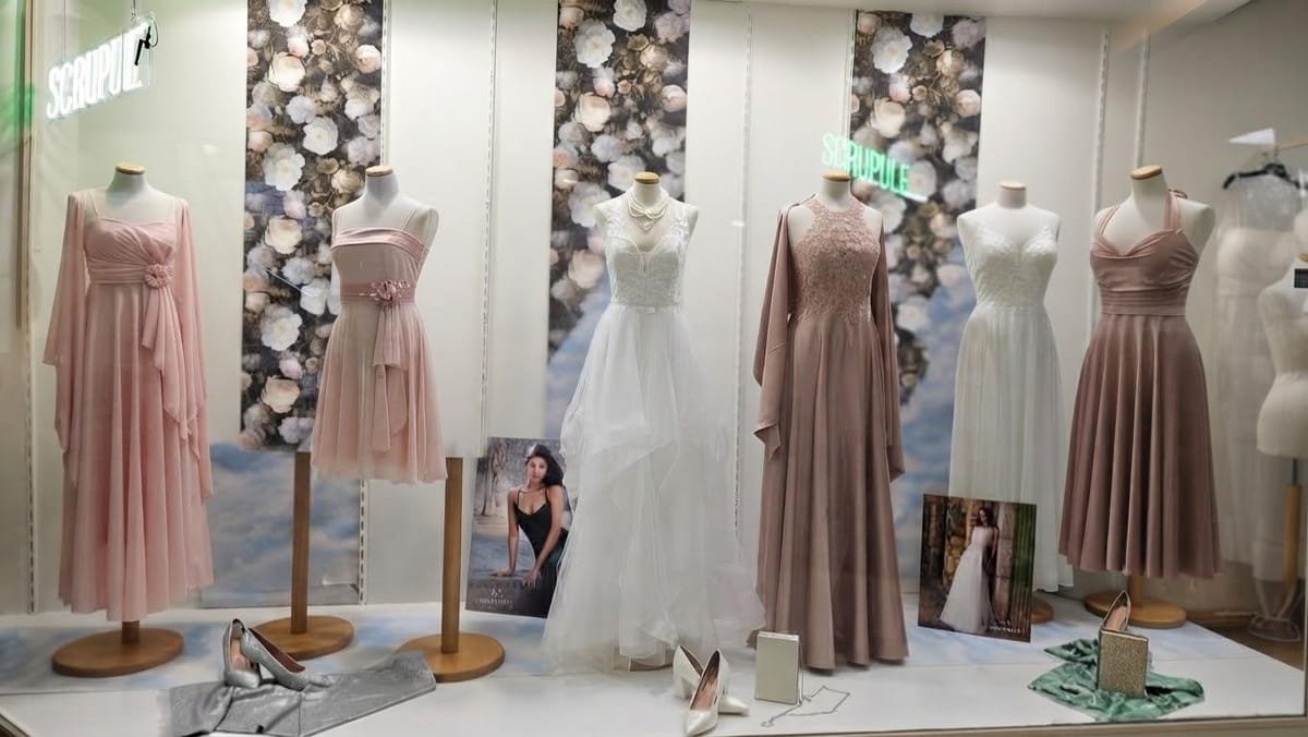 La vitrine de la boutique Scrupul’ à Rennes : robes rose poudré et robes de mariée